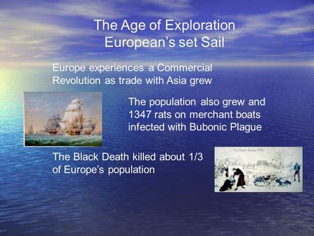 The Age of Exploration European’s set Sail Europe experiences a Commercial Revolution as trade with Asia grew The population also grew and 1347 rats on.