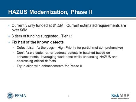 0 HAZUS Modernization, Phase II ▸ Currently only funded at $1.5M. Current estimated requirements are over $6M ▸ 3 tiers of funding suggested. Tier 1: ▸