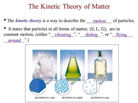 The Kinetic Theory of Matter The kinetic theory is a way to describe the ___________ of particles. It states that particles in all forms of matter, (S,