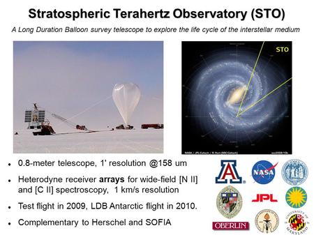 Stratospheric Terahertz Observatory (STO)‏ 0.8-meter telescope, 1' um Heterodyne receiver arrays for wide-field [N II] and [C II] spectroscopy,
