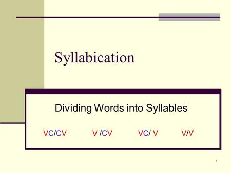 Dividing Words into Syllables VC/CV V /CV VC/ V V/V