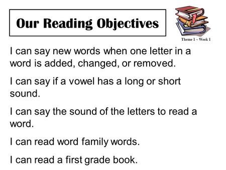 Our Reading Objectives I can say new words when one letter in a word is added, changed, or removed. I can say if a vowel has a long or short sound. I can.