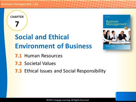 ©2013 Cengage Learning. All Rights Reserved. Business Management, 13e Social and Ethical Environment of Business 7.1 7.1 Human Resources 7.2 7.2 Societal.