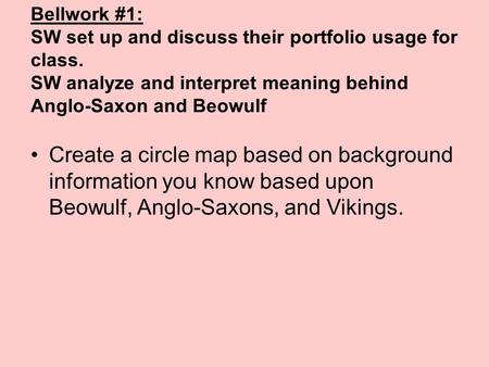 Bellwork #1: SW set up and discuss their portfolio usage for class. SW analyze and interpret meaning behind Anglo-Saxon and Beowulf Create a circle map.