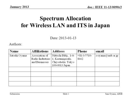 Submission doc.: IEEE 11-13/0090r2 January 2013 Sam Oyama, ARIBSlide 1 Spectrum Allocation for Wireless LAN and ITS in Japan Date: 2013-01-13 Authors: