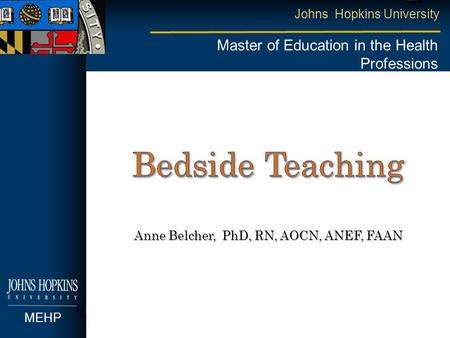 Johns Hopkins University Master of Education in the Health Professions MEHP Anne Belcher, PhD, RN, AOCN, ANEF, FAAN.