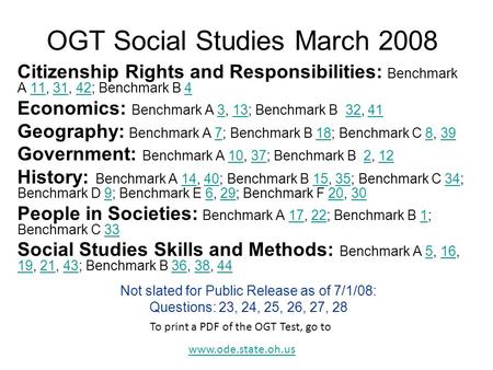 OGT Social Studies March 2008 Citizenship Rights and Responsibilities: Benchmark A 11, 31, 42; Benchmark B 41131424 Economics: Benchmark A 3, 13; Benchmark.