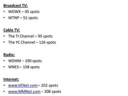 Broadcast TV: WOWX – 45 spots WTNP – 51 spots Cable TV: The TI Channel – 95 spots The YC Channel – 126 spots Radio: WDHM – 190 spots WNES – 158 spots Internet: