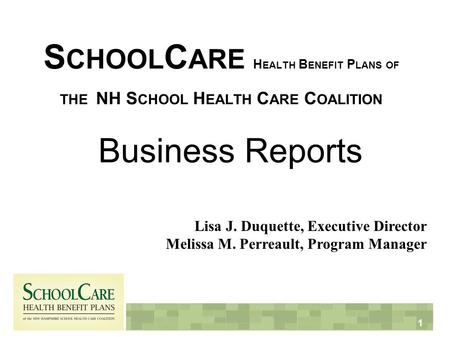 1 S CHOOL C ARE H EALTH B ENEFIT P LANS OF THE NH S CHOOL H EALTH C ARE C OALITION Business Reports Lisa J. Duquette, Executive Director Melissa M. Perreault,