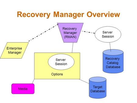 Recovery Manager Overview Target Database Recovery Catalog Database Enterprise Manager Recovery Manager (RMAN) Media Options Server Session.