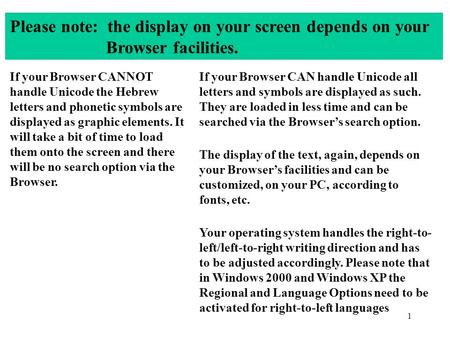 1 Please note: the display on your screen depends on your Browser facilities. If your Browser CANNOT handle Unicode the Hebrew letters and phonetic symbols.