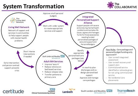 System Transformation Living Well Network Network of support and services in communities to help support people with mental health problems Adult MH Services.