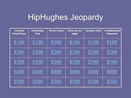 HipHughes Jeopardy Colonial Proud Mary Federalism Fun Power CheckThese are my rights Stretchy StuffConstitutional Potpourri $100 $200 $300 $400 $500.