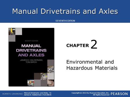 Manual Drivetrains and Axles CHAPTER Manual Drivetrains and Axles, 7e James D. Halderman | Tom Birch SEVENTH EDITION Copyright © 2015 by Pearson Education,
