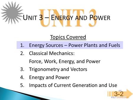 UNIT 3 – ENERGY AND POWER 3-2 UNIT 3 Topics Covered