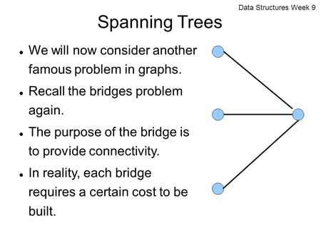 Data Structures Week 9 Spanning Trees We will now consider another famous problem in graphs. Recall the bridges problem again. The purpose of the bridge.
