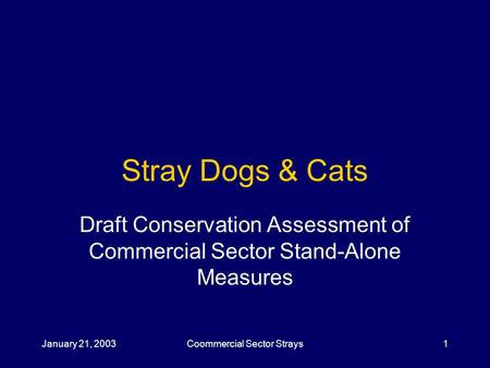 January 21, 2003Coommercial Sector Strays1 Stray Dogs & Cats Draft Conservation Assessment of Commercial Sector Stand-Alone Measures.