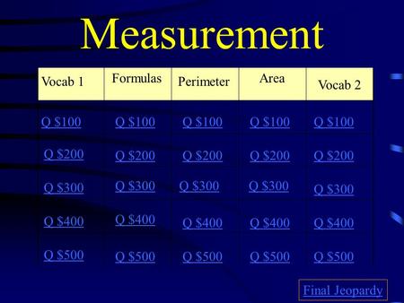 Measurement Vocab 1 Formulas Perimeter Area Vocab 2 Q $100 Q $200 Q $300 Q $400 Q $500 Q $100 Q $200 Q $300 Q $400 Q $500 Final Jeopardy.