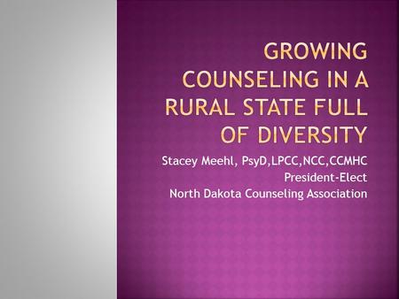Stacey Meehl, PsyD,LPCC,NCC,CCMHC President-Elect North Dakota Counseling Association.