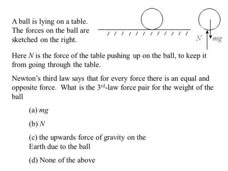 A ball is lying on a table. The forces on the ball are sketched on the right. Here N is the force of the table pushing up on the ball, to keep it from.