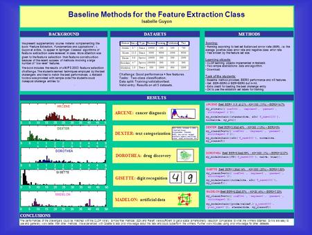 Baseline Methods for the Feature Extraction Class Isabelle Guyon Best BER=1.26  0.14% - n0=1000 (20%) – BER0=1.80% GISETTE Best BER=1.26  0.14% - n0=1000.