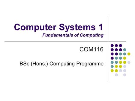 Computer Systems 1 Fundamentals of Computing COM116 BSc (Hons.) Computing Programme.
