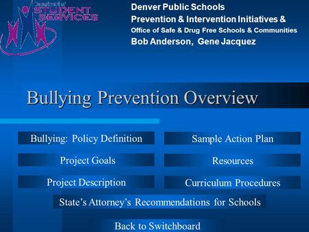 Bullying Prevention Overview Denver Public Schools Prevention & Intervention Initiatives & Office of Safe & Drug Free Schools & Communities Bob Anderson,