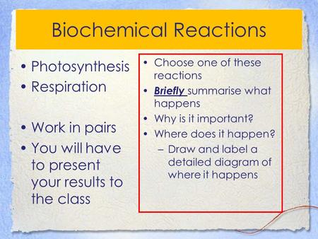 Biochemical Reactions Photosynthesis Respiration Work in pairs You will have to present your results to the class Choose one of these reactions Briefly.