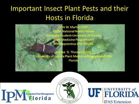 Important Insect Plant Pests and their Hosts in Florida Kirk W. Martin CBSP USDA-National Needs Fellow Graduate Student-University of Florida Plant Medicine.