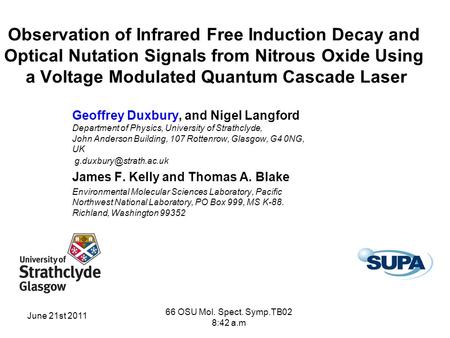 June 21st 2011 66 OSU Mol. Spect. Symp.TB02 8:42 a.m Observation of Infrared Free Induction Decay and Optical Nutation Signals from Nitrous Oxide Using.