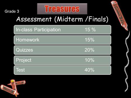 Assessment (Midterm /Finals) In-class Participation15 %Homework15%Quizzes20% Project10%Test40% Grade 3.