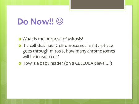 Do Now!! o Now What is the purpose of Mitosis?