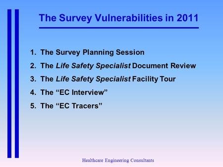 The Survey Vulnerabilities in 2011 Healthcare Engineering Consultants 1. The Survey Planning Session 2. The Life Safety Specialist Document Review 3. The.