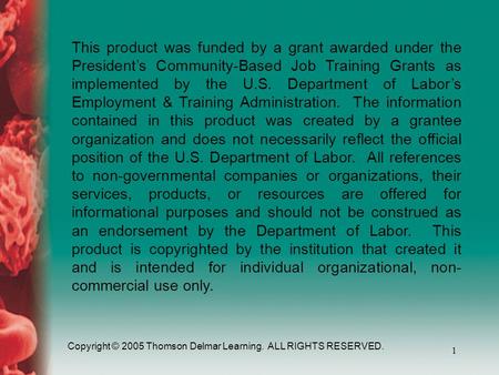 Copyright © 2005 Thomson Delmar Learning. ALL RIGHTS RESERVED. 1 This product was funded by a grant awarded under the President’s Community-Based Job Training.
