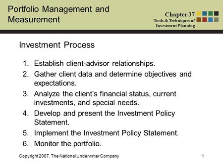 Portfolio Management and Measurement Chapter 37 Tools & Techniques of Investment Planning Copyright 2007, The National Underwriter Company1 Investment.