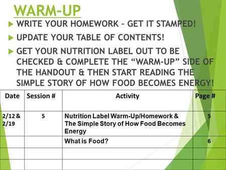 WARM-UP  WRITE YOUR HOMEWORK – GET IT STAMPED!  UPDATE YOUR TABLE OF CONTENTS!  GET YOUR NUTRITION LABEL OUT TO BE CHECKED & COMPLETE THE “WARM-UP”
