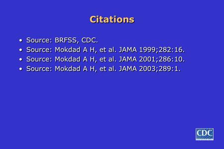 Citations Source: BRFSS, CDC. Source: Mokdad A H, et al. JAMA 1999;282:16. Source: Mokdad A H, et al. JAMA 2001;286:10. Source: Mokdad A H, et al. JAMA.