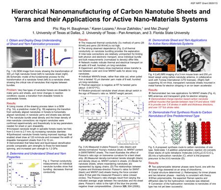 NSF NIRT Grant 0609115 Hierarchical Nanomanufacturing of Carbon Nanotube Sheets and Yarns and their Applications for Active Nano-Materials Systems PIs: