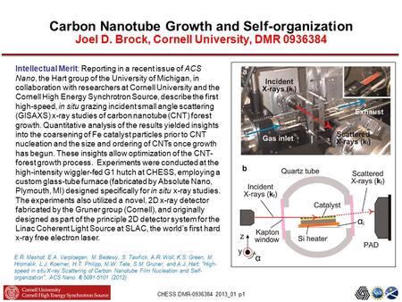 CHESS DMR-0936384 2013_01 p1 Carbon Nanotube Growth and Self-organization Joel D. Brock, Cornell University, DMR 0936384 E.R. Meshot, E.A. Verploegen,
