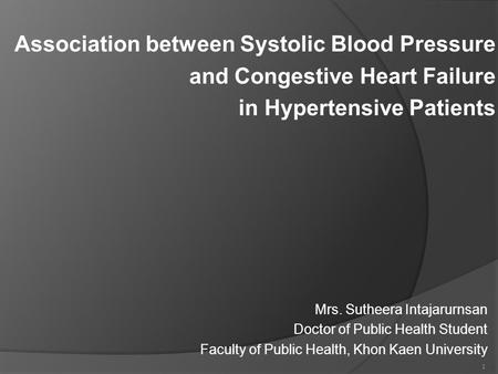 Association between Systolic Blood Pressure and Congestive Heart Failure in Hypertensive Patients Mrs. Sutheera Intajarurnsan Doctor of Public Health Student.