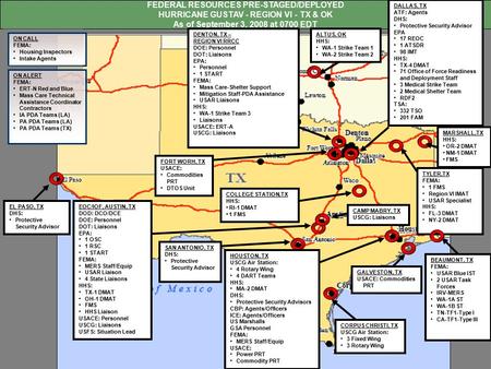 FEDERAL RESOURCES PRE-STAGED/DEPLOYED HURRICANE GUSTAV - REGION VI - TX & OK As of September 3, 2008 at 0700 EDT DALLAS, TX ATF: Agents DHS: Protective.