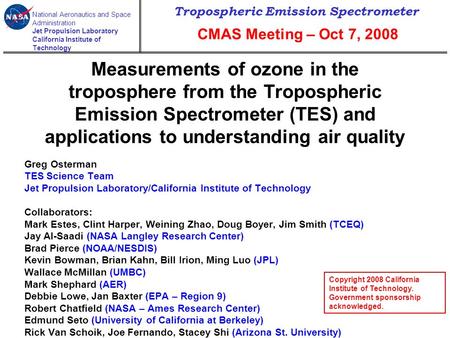 National Aeronautics and Space Administration Jet Propulsion Laboratory California Institute of Technology Tropospheric Emission Spectrometer Measurements.