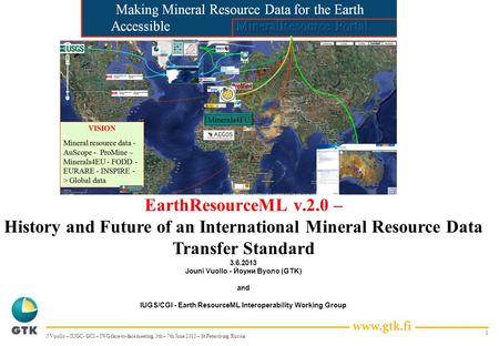 1 EarthResourceML v.2.0 – History and Future of an International Mineral Resource Data Transfer Standard 3.6.2013 Jouni Vuollo - Йоуни Вуоло (GTK) and.