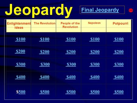 Jeopardy Enlightenment Ideas The Revolution Potpourri $100 $200 $300 $400 $500500 $100 $200 $300 $300 $400 $500 $500 $500 $500 Final Jeopardy People of.