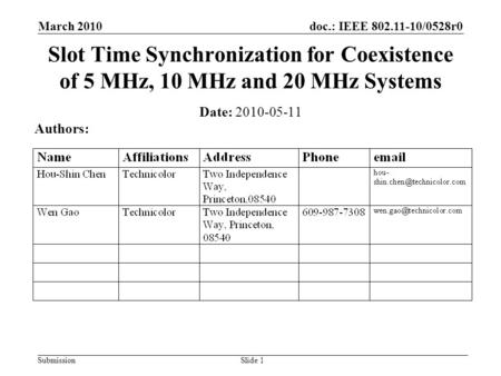 Doc.: IEEE 802.11-10/0528r0 Submission March 2010 Slide 1 Slot Time Synchronization for Coexistence of 5 MHz, 10 MHz and 20 MHz Systems Date: 2010-05-11.