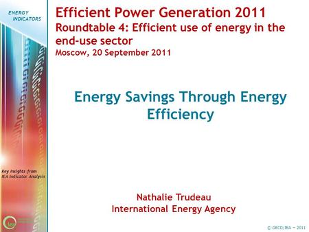 © OECD/IEA – 2011 Key Insights from IEA Indicator Analysis ENERGY INDICATORS Efficient Power Generation 2011 Roundtable 4: Efficient use of energy in the.