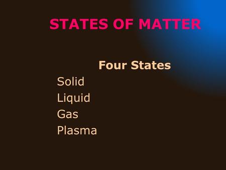 STATES OF MATTER Four States Solid Liquid Gas Plasma.
