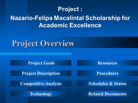Project Overview Project : Nazario-Felipa Macalintal Scholarship for Academic Excellence Project Goals Project Description Competitive Analysis Technology.
