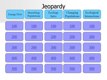 Jeopardy 100 Energy Flow Describing Populations Ecology Intro Changing Populations Ecological Interactions 200 300 400 500 400 300 200 100 500 400 300.