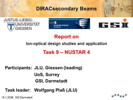 19.1.2006, GSI DarmstadtDavid Boutin, JLU Giessen DIRACsecondary Beams Report on Ion-optical design studies and application Task 9 – NUSTAR 4 Participants: